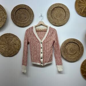 Buckle Gilded Intent Button Up Knit Cardigan Sweater Top Small Pink White